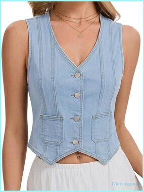 Women Denim Vest Crop Top Y2K V-Neck Button Down Jean Vest